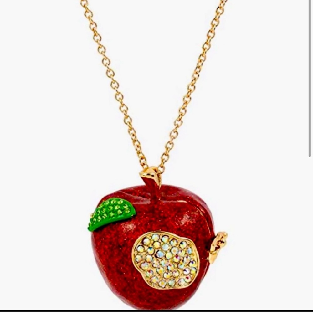New Betsey Johnson glitter red apple and bookworm long necklace